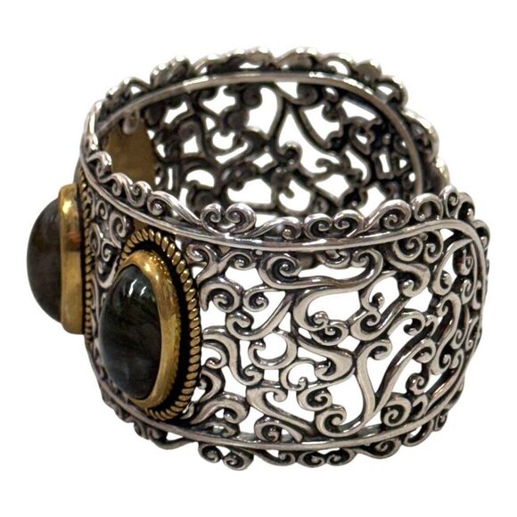 Carolyn Pollack Ornate Sterling Brass 3 Oval Labradorite Cuff Bracelet Southwest - Picture 5 of 8